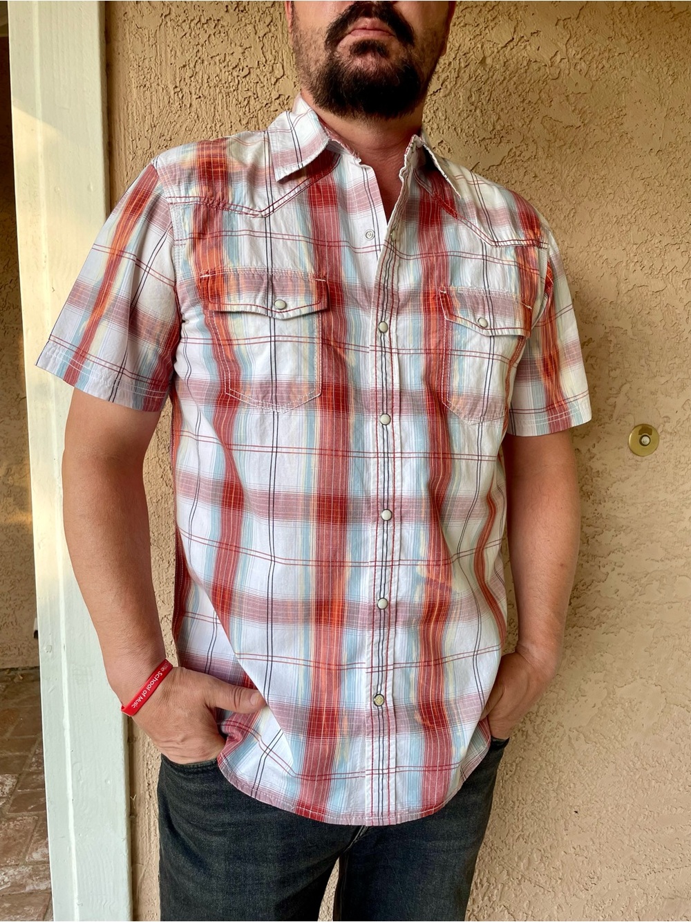 Men's Casual Short-Sleeve Plaid Button-Down Shirt - Red/White